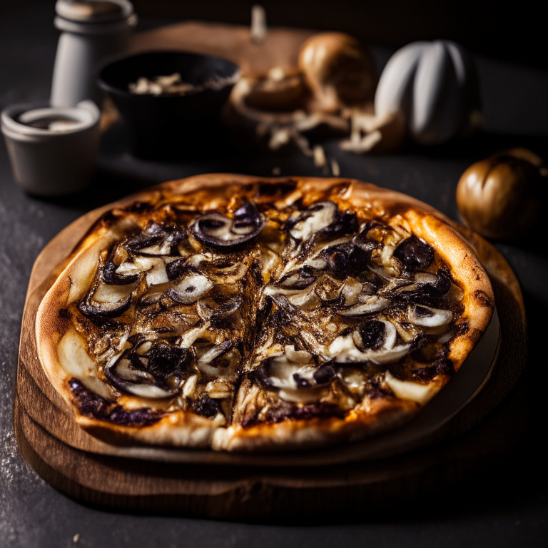 A Grilled Portobello Mushroom and Caramelized Onion Pizza, grilled portobello mushrooms, caramelized onions, natural light from the side highlighting the ingredients, razor-sharp focus, square aspect ratio, minimal plate