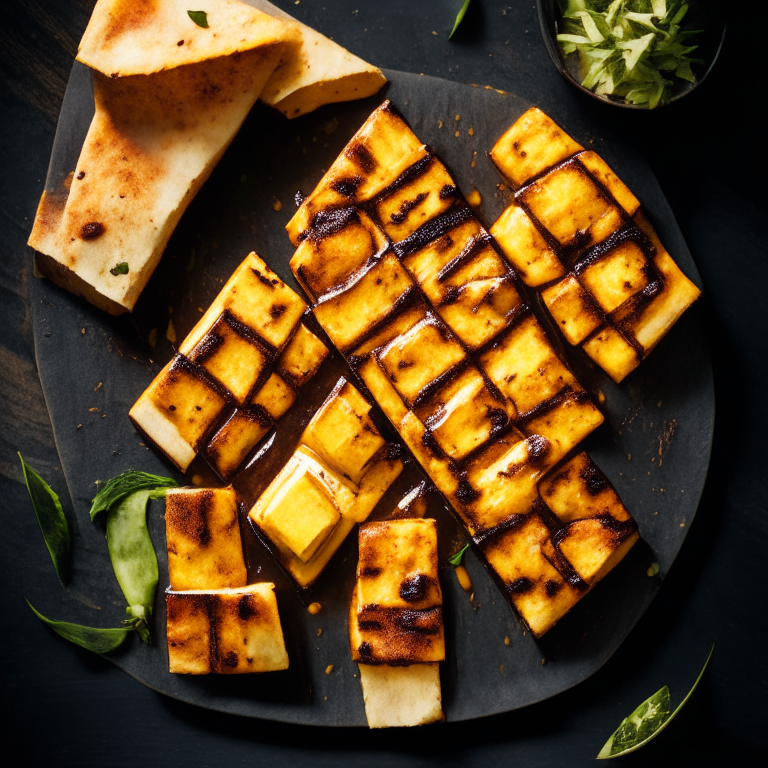 A Grilled BBQ Tofu and Pineapple Pizza, grilled BBQ tofu, pineapple, natural light from the side highlighting the ingredients, razor-sharp focus, square aspect ratio, minimal plate