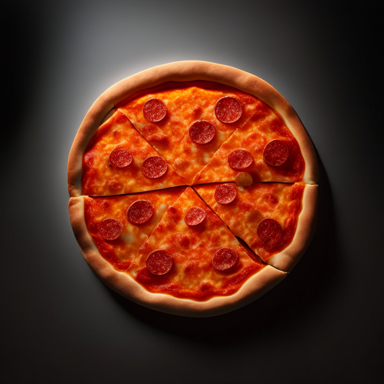 A round pepperoni pizza, bright studio lighting highlighting the ingredients, razor-sharp focus, minimal plate