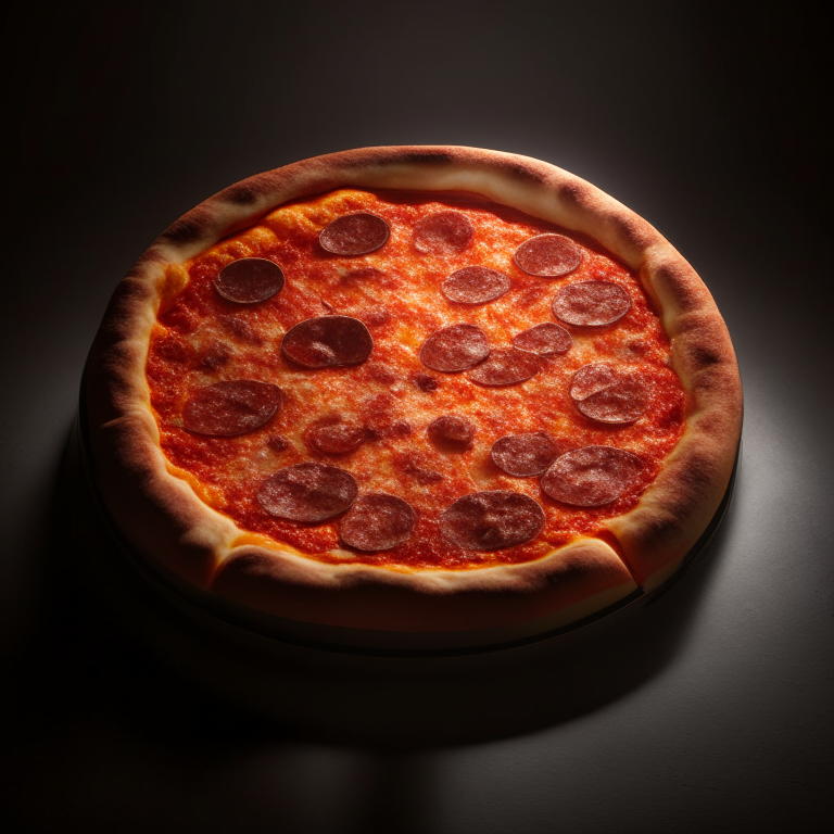 A round pepperoni pizza, softbox lighting highlighting the ingredients, razor-sharp focus, minimal distractions