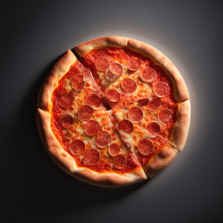 A round pepperoni pizza, natural light from the side highlighting the ingredients, razor-sharp focus, minimal background