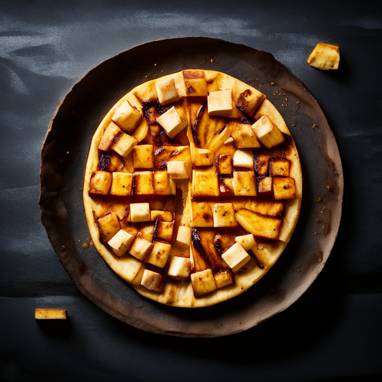 A Grilled BBQ Tofu and Pineapple Pizza, grilled BBQ tofu, pineapple, bright studio lighting highlighting the ingredients, razor-sharp focus, circular uncut base, minimal plate