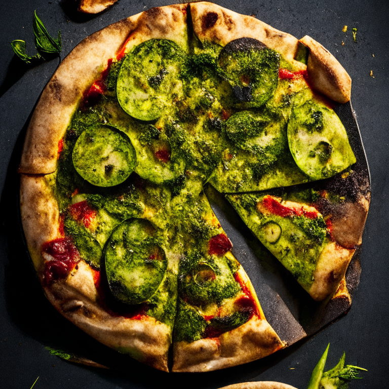 A Grilled Zucchini and Sun-Dried Tomato Pizza with Pesto Sauce, grilled zucchini, sun-dried tomatoes, pesto sauce, bright studio lighting highlighting the ingredients, razor-sharp focus, minimal plate