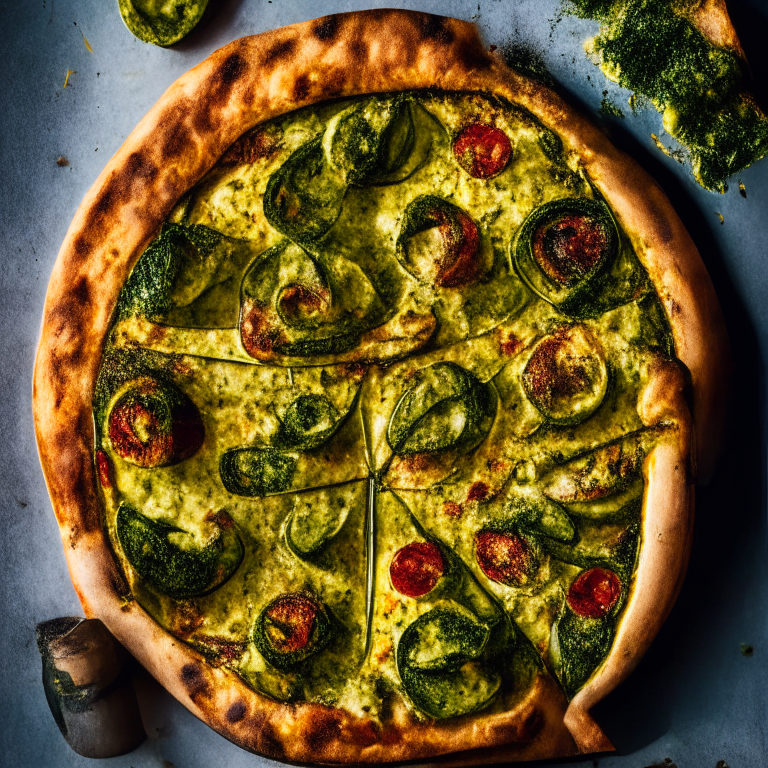 A Grilled Zucchini and Sun-Dried Tomato Pizza with Pesto Sauce, grilled zucchini, sun-dried tomatoes, pesto sauce, softbox lighting highlighting the ingredients, razor-sharp focus, minimal distractions