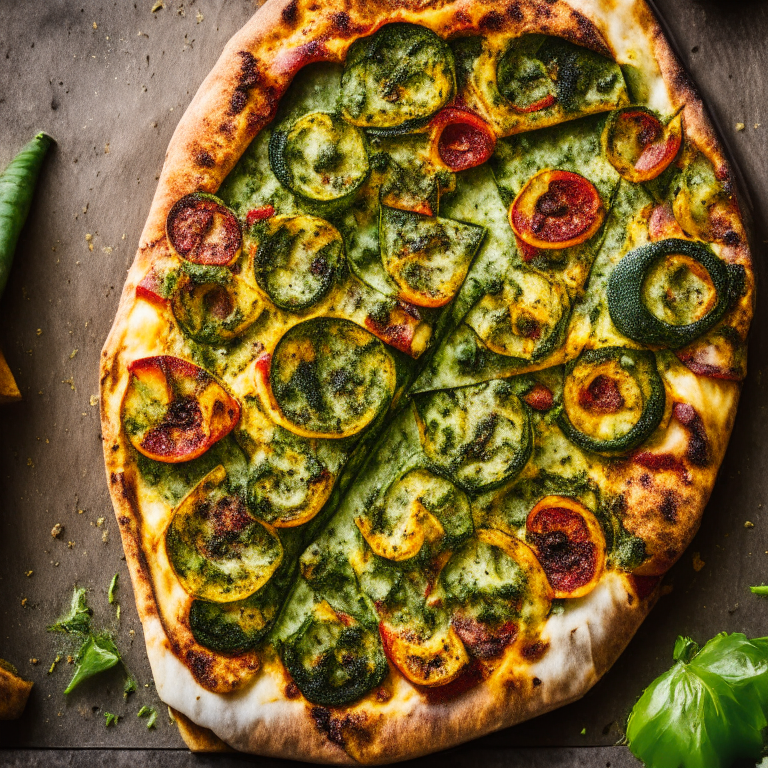 A Grilled Zucchini and Sun-Dried Tomato Pizza with Pesto Sauce, grilled zucchini, sun-dried tomatoes, pesto sauce, natural light from the side highlighting the ingredients, razor-sharp focus, minimal background