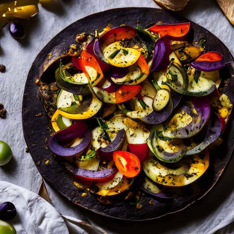 A Grilled Eggplant and Bell Pepper Pizza with Herbed Olive Oil, grilled eggplant, bell peppers, herbed olive oil, bright studio lighting highlighting the ingredients, razor-sharp focus, minimal plate