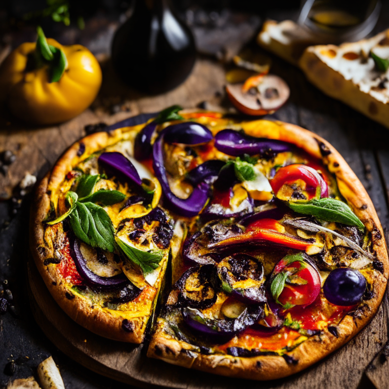 A Grilled Eggplant and Bell Pepper Pizza with Herbed Olive Oil, grilled eggplant, bell peppers, herbed olive oil, softbox lighting highlighting the ingredients, razor-sharp focus, minimal distractions