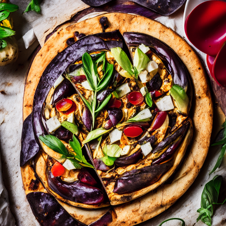 A Grilled Eggplant and Bell Pepper Pizza with Herbed Olive Oil, grilled eggplant, bell peppers, herbed olive oil, natural light from the side highlighting the ingredients, razor-sharp focus, minimal background