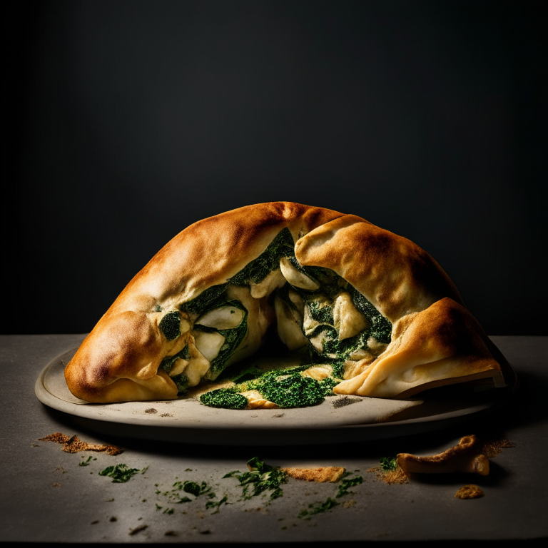 A Cheesy Spinach and Mushroom Calzone, spinach, mushrooms, cheese filling, bright studio lighting highlighting the ingredients, razor-sharp focus, minimal plate