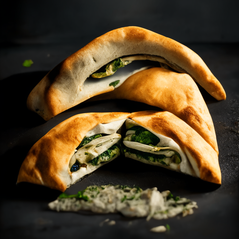 A Cheesy Spinach and Mushroom Calzone, spinach, mushrooms, cheese filling, natural light from the side highlighting the ingredients, razor-sharp focus, minimal background