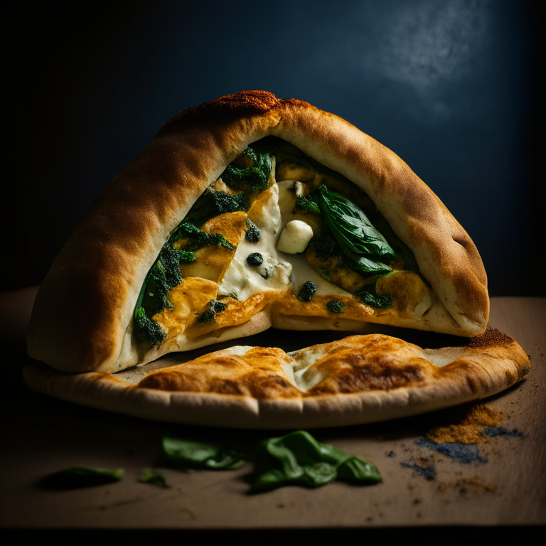 A Cheesy Spinach and Mushroom Calzone, spinach, mushrooms, cheese filling, softbox lighting highlighting the ingredients, razor-sharp focus, minimal distractions