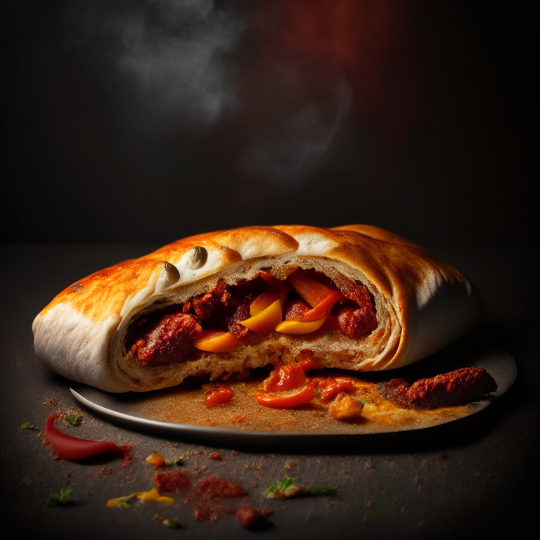 A Spicy Italian Sausage and Pepper Calzone, spicy Italian sausage, bell peppers, cheese filling, bright studio lighting highlighting the ingredients, razor-sharp focus, minimal plate