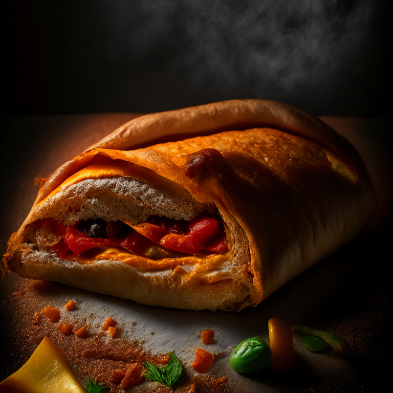 A Spicy Italian Sausage and Pepper Calzone, spicy Italian sausage, bell peppers, cheese filling, softbox lighting highlighting the ingredients, razor-sharp focus, minimal distractions