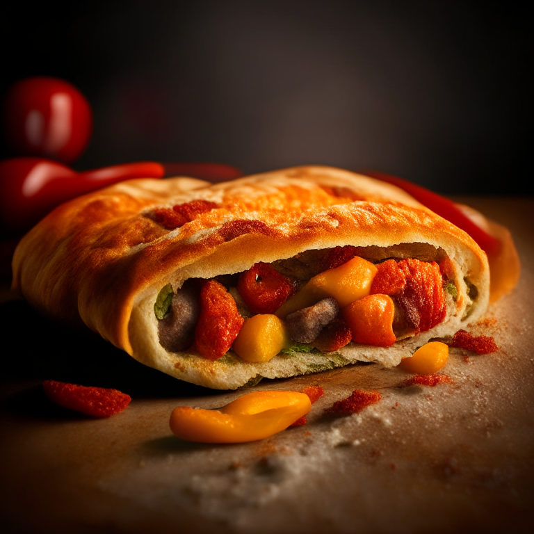 A Spicy Italian Sausage and Pepper Calzone, spicy Italian sausage, bell peppers, cheese filling, natural light from the side highlighting the ingredients, razor-sharp focus, minimal background