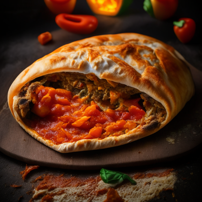 A Spicy Italian Sausage and Pepper Calzone, spicy Italian sausage, bell peppers, cheese filling, spotlight highlighting the ingredients, razor-sharp focus, minimal plate