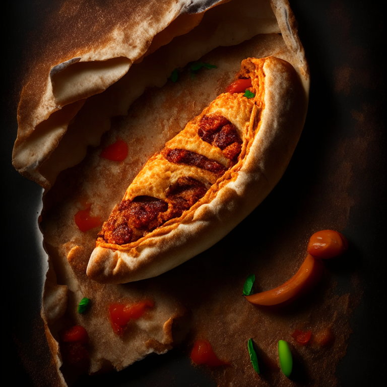 A Spicy Italian Sausage and Pepper Calzone, spicy Italian sausage, bell peppers, cheese filling, overhead lighting highlighting the ingredients, razor-sharp focus, minimal background