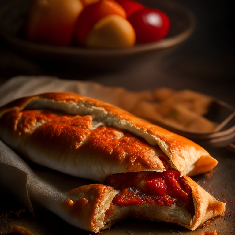 A Spicy Italian Sausage and Pepper Calzone, spicy Italian sausage, bell peppers, cheese filling, soft ambient lighting highlighting the ingredients, razor-sharp focus, minimal distractions