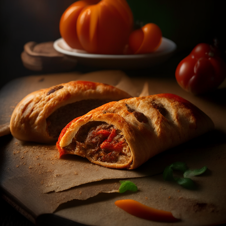 A Spicy Italian Sausage and Pepper Calzone, spicy Italian sausage, bell peppers, cheese filling, natural window light highlighting the ingredients, razor-sharp focus, minimal plate