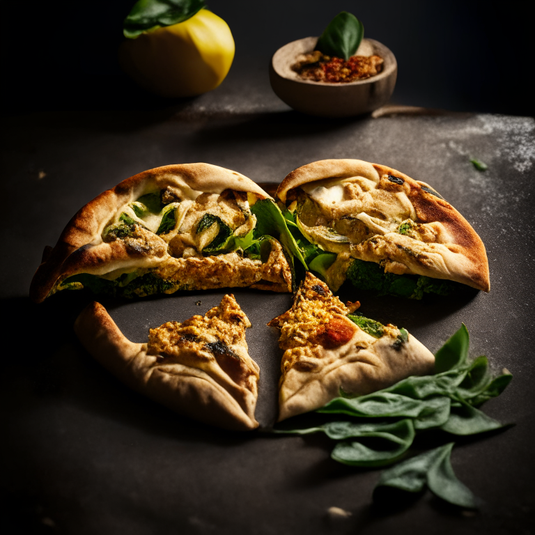 A Vegan Mediterranean Calzone with Sun-Dried Tomatoes, spinach, artichoke hearts and vegan cheese filling, bright studio lighting highlighting the ingredients, razor-sharp focus, minimal plate