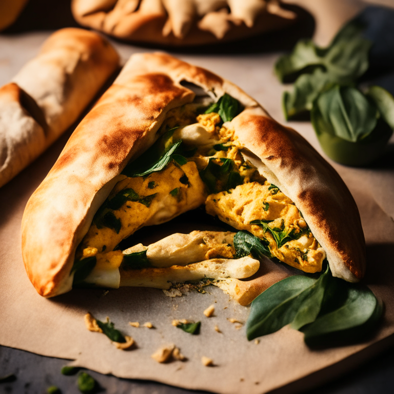 A Vegan Mediterranean Calzone with Sun-Dried Tomatoes, spinach, artichoke hearts and vegan cheese filling, natural light from the side highlighting the ingredients, razor-sharp focus, minimal background