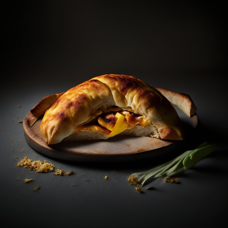 A BBQ Chicken and Pineapple Calzone, bright studio lighting highlighting the ingredients, razor-sharp focus, minimal plate