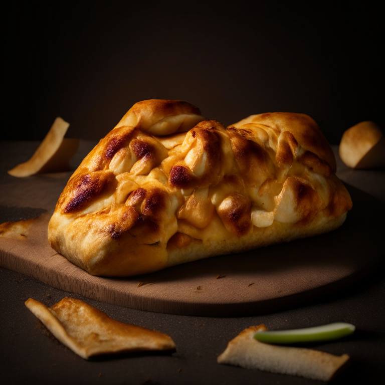 A BBQ Chicken and Pineapple Calzone, natural light from the side highlighting the ingredients, razor-sharp focus, minimal background