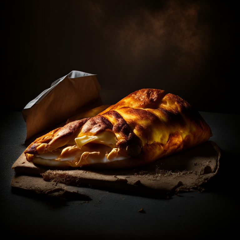 A BBQ Chicken and Pineapple Calzone, overhead softbox lighting highlighting the ingredients, razor-sharp focus, minimal distractions