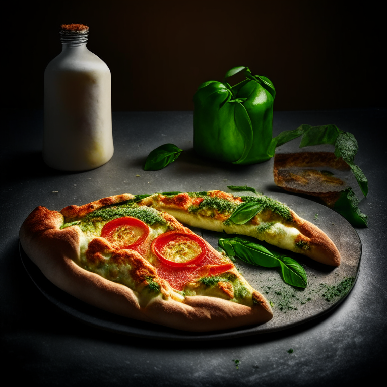 A Pesto, Tomato, and Mozzarella Calzone, bright studio lighting highlighting the ingredients, razor-sharp focus, minimal plate