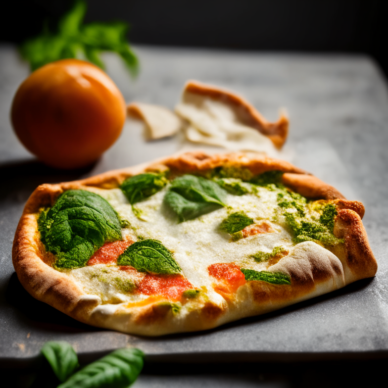 A Pesto, Tomato, and Mozzarella Calzone, natural light from the side highlighting the ingredients, razor-sharp focus, minimal background