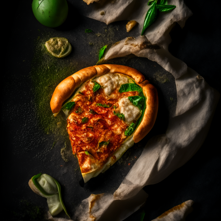 A Pesto, Tomato, and Mozzarella Calzone, overhead softbox lighting highlighting the ingredients, razor-sharp focus, minimal distractions