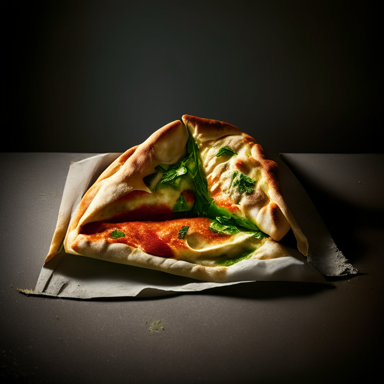 A Pesto, Tomato, and Mozzarella Calzone, folded over and sealed, bright studio lighting highlighting the ingredients, razor-sharp focus, minimal plate