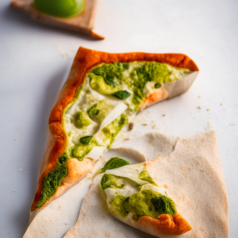 A Pesto, Tomato, and Mozzarella Calzone, folded over and sealed, natural light from the side highlighting the ingredients, razor-sharp focus, minimal background