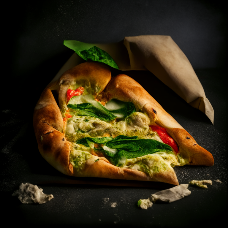 A Pesto, Tomato, and Mozzarella Calzone, folded over and sealed, overhead softbox lighting highlighting the ingredients, razor-sharp focus, minimal distractions