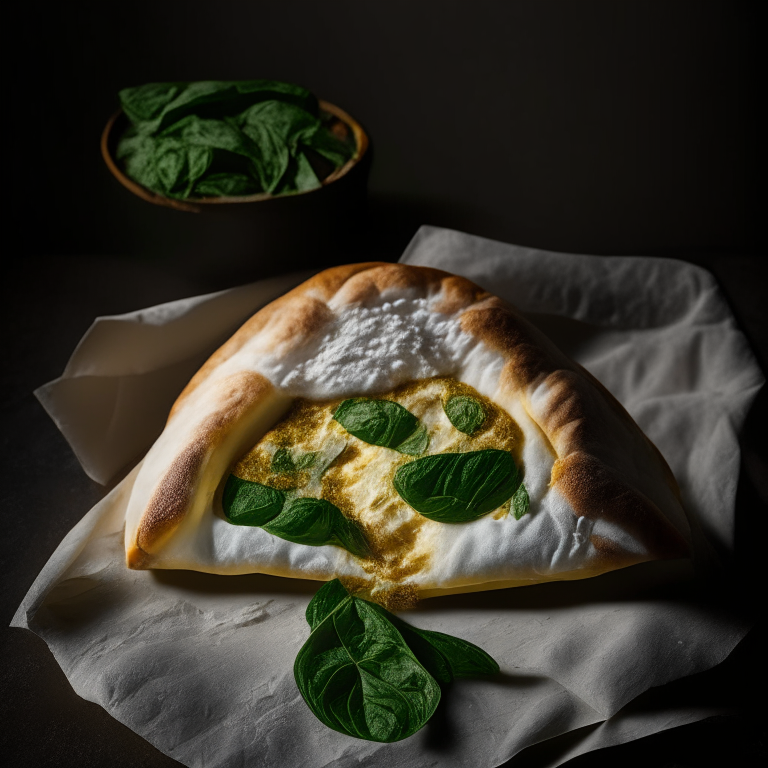 A Ricotta, Basil, and Roasted Garlic Calzone, folded over and sealed, bright studio lighting highlighting the ingredients, razor-sharp focus, minimal plate