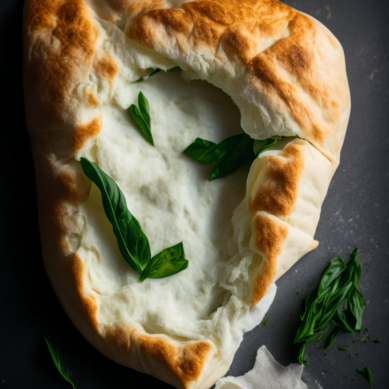 A Ricotta, Basil, and Roasted Garlic Calzone, folded over and sealed, natural light from the side highlighting the ingredients, razor-sharp focus, minimal background