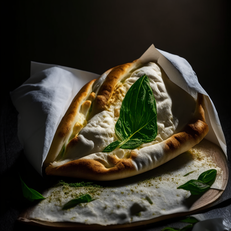 A Ricotta, Basil, and Roasted Garlic Calzone, folded over and sealed, overhead softbox lighting highlighting the ingredients, razor-sharp focus, minimal distractions