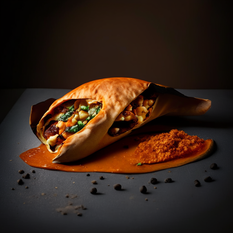 A Sweet Potato and Black Bean Calzone with Chipotle Sauce, folded over and sealed, bright studio lighting highlighting the ingredients, razor-sharp focus, minimal plate