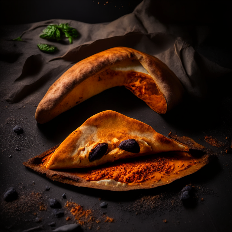 A Sweet Potato and Black Bean Calzone with Chipotle Sauce, folded over and sealed, overhead softbox lighting highlighting the ingredients, razor-sharp focus, minimal distractions