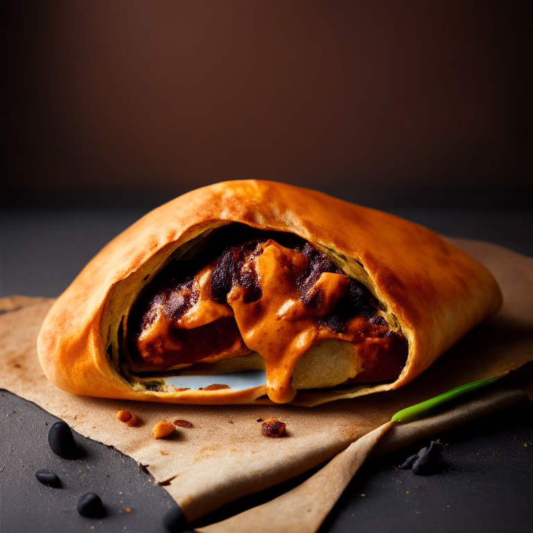 A Sweet Potato and Black Bean Calzone with Chipotle Sauce, folded over and sealed, natural light from the side highlighting the ingredients, razor-sharp focus, minimal background