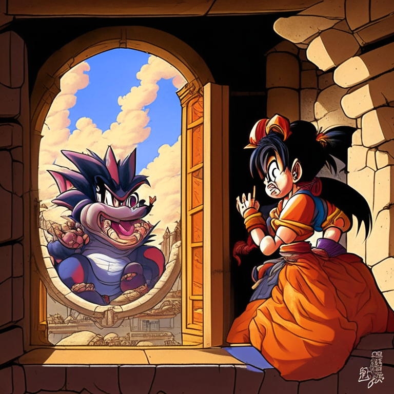 King Cutelo From Dragón Ball In The Window Of Her Castle On Fire Asking Goku And Chichi To Find Basho Sen