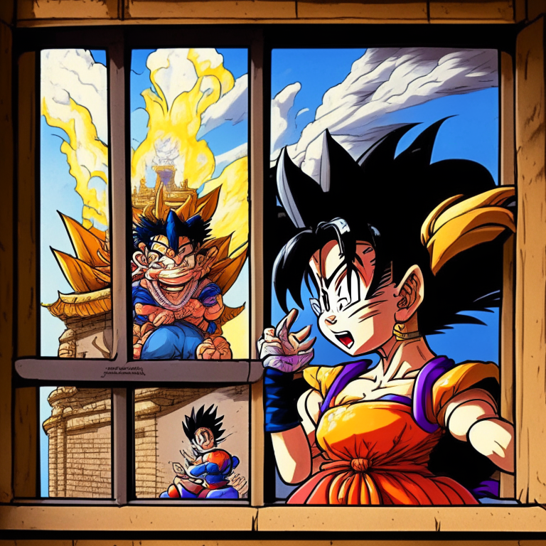 King Cutelo From Dragón Ball In The Window Of Her Castle On Fire In Nagoya , Japan Asking Goku And Chichi To Find Basho Sen