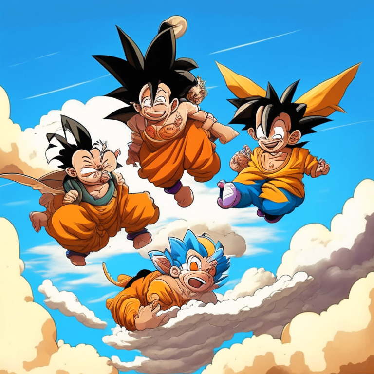 Goku , Chichi AND Fourtneller Baba From Dragón Ball In The Flying Cloud 