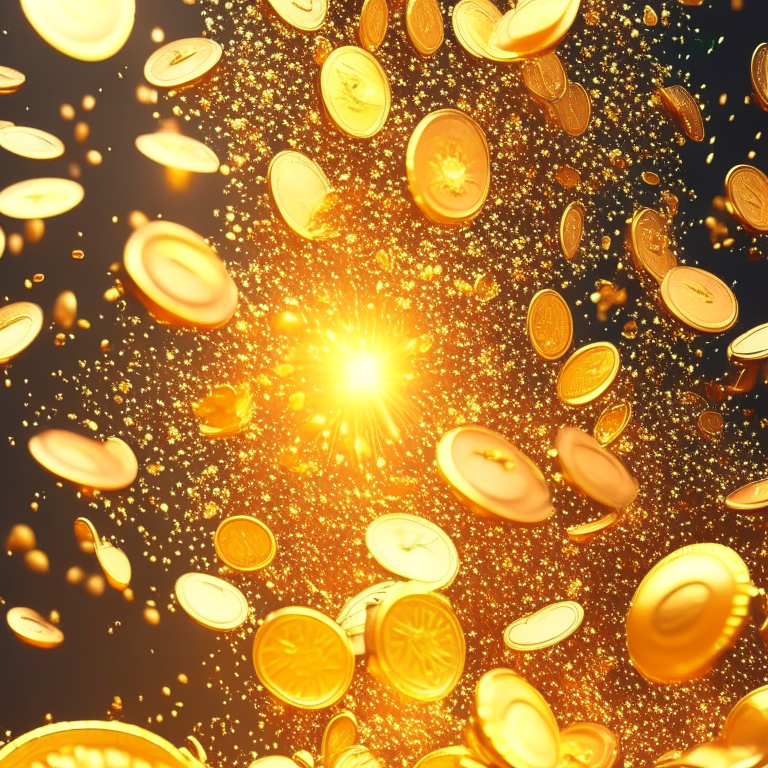 Coins in abundance falling from the sky irradiating golden lights 