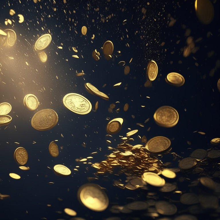 Coins in abundance falling from the sky irradiating golden lights 