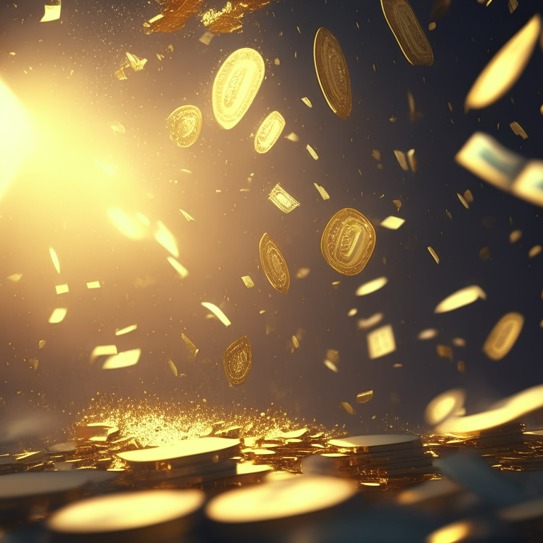 Money falling from the sky irradiating golden lights 