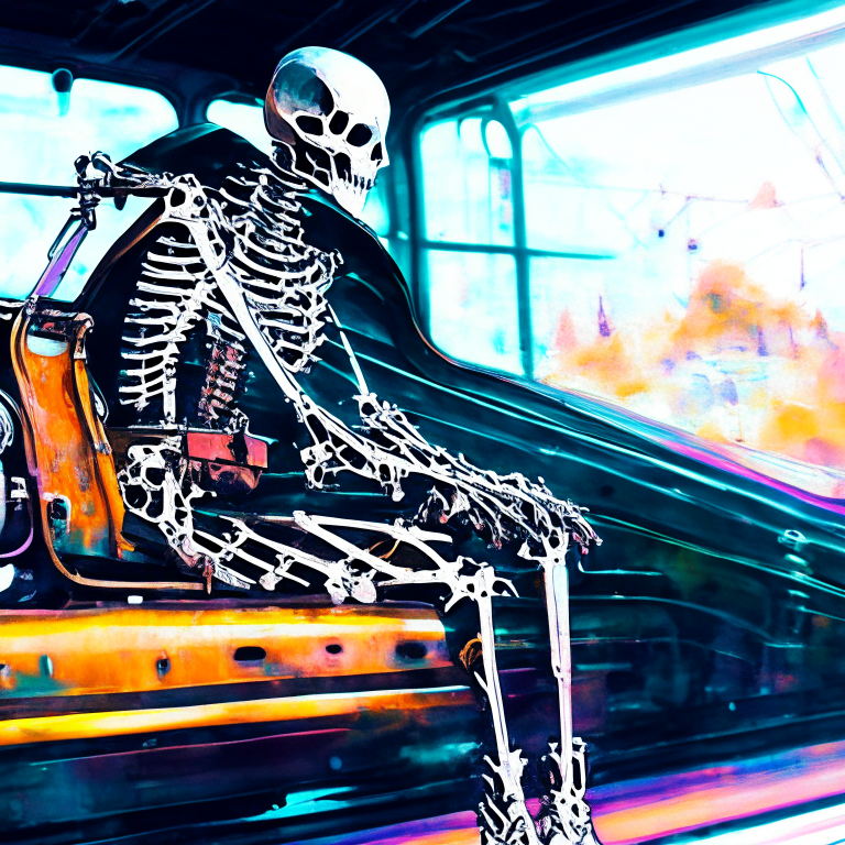 strybk,  skeleton riding a train, kids story book style, muted colors, watercolor style. cyberpunk art, candid street portrait, oil on canvas