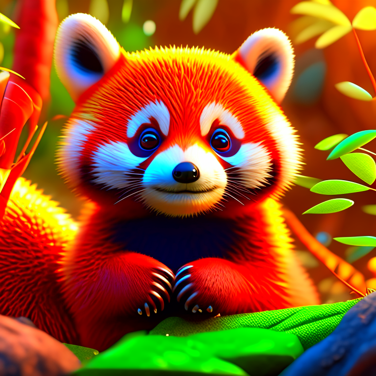 pltn style, Cute red panda in a beautiful scene, sharp focus, golden ratio, eat bamboo, cute big circular reflective eyes, Pixar render, unreal engine cinematic smooth, intricate detail. handsome, sage, insanely detailed