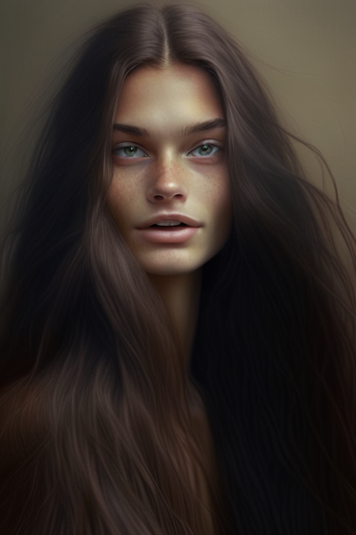 A beautiful brunnete with no make up with flowy long hair