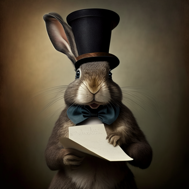 Rabbit wearing top hat holding letter with mouth