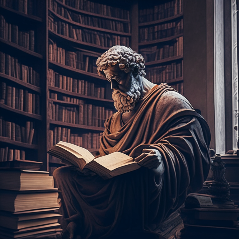 stoic philosopher in a cozy library channeling the knowledge from the book